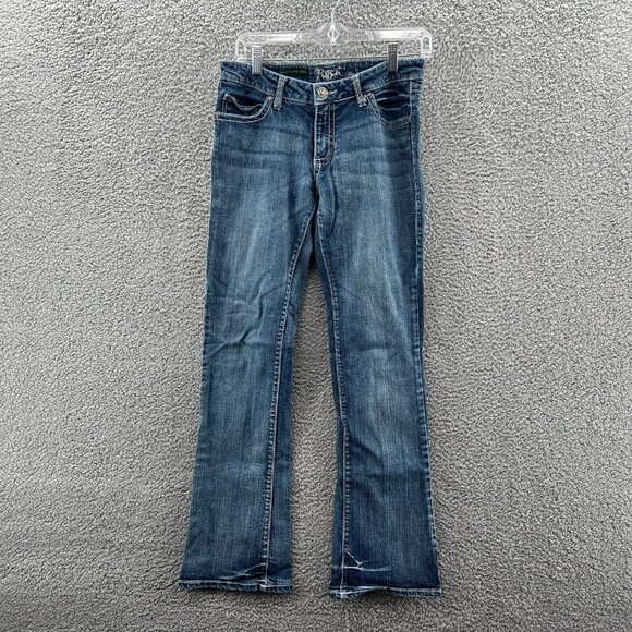 Wrangler Rock 47 Jeans Womens 5 X 32 Ultra Low Rise Bootcut Blue Stretch Denim - Picture 1 of 10